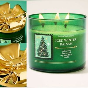 NIB Bath & Body Works “Iced Fresh Balsam” 3-Wick Candle w 3D Gold Bow Lid.